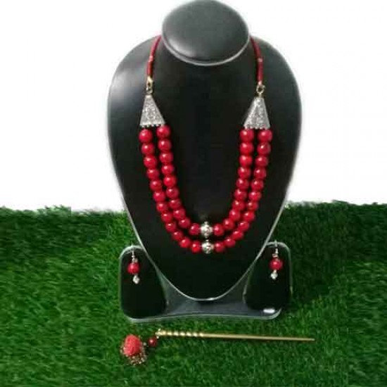 Red Color Mala Necklace Set with Necklace Earrings 